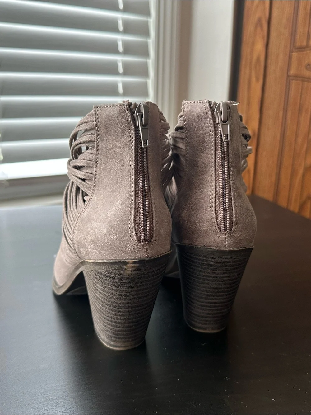 Fergalicious Taupe Suede Fringe Booties size 7.5